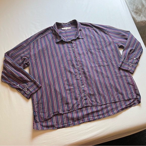 XIRENA purple blue striped boxy oversized cotton long sleeve button up shirt